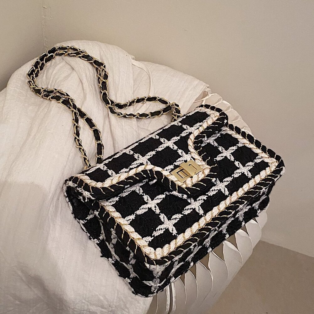 Black And White Elegant Women's Plaid Shoulder Crossbody Square Bag - Picture 4 of 6